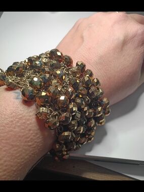 Vintage Chain-Link Bronze Toned Bead Wrap Metal Bracelet